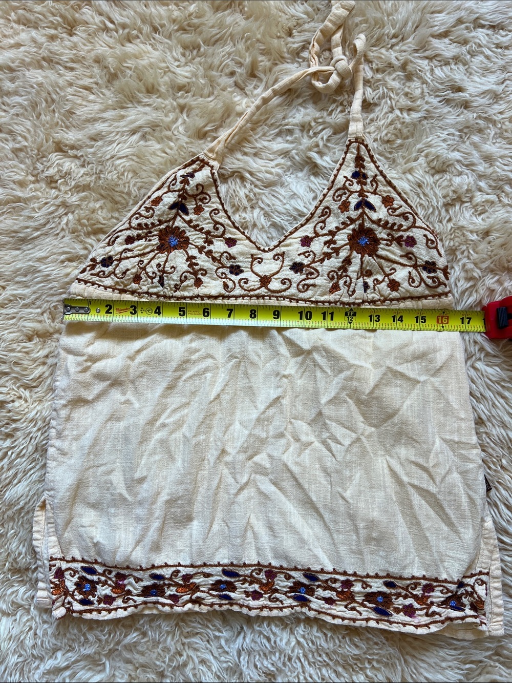 Y2K Vintage Prana Embroidered Halter Neck Boho Cotton Top - Picture 3 of 8
